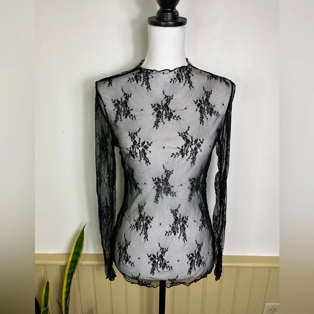 Sheer Mesh Floral Top Forest Fairy M Black Whimsigoth Lace Y2K Grunge Club Layer - Picture 1 of 9